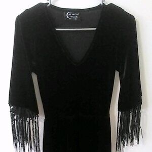 Midnight Hour Goth V-Neck Black Velvet Long Sleeved Fringe Dress- Size XS